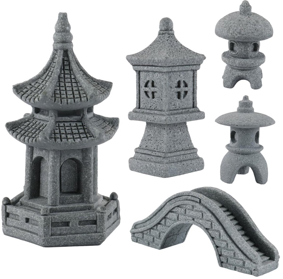Dailygoods- Pagode Sculpturen Set van Vijf - Antieke Tuindecoratie - Museumkwaliteit Houtsnijwerk - UV-bestendig - Miniatuur Bonsai Decoratie - Niet-poreus Materiaal