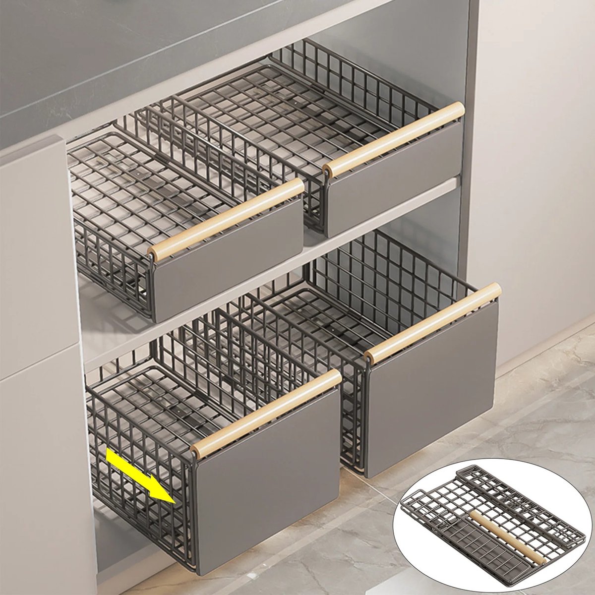 Dailygoods 1/2 stuks uittrekbare kastorganizer met houten handvat, uittrekbare mand, opvouwbare schuif, keukenkast lade,