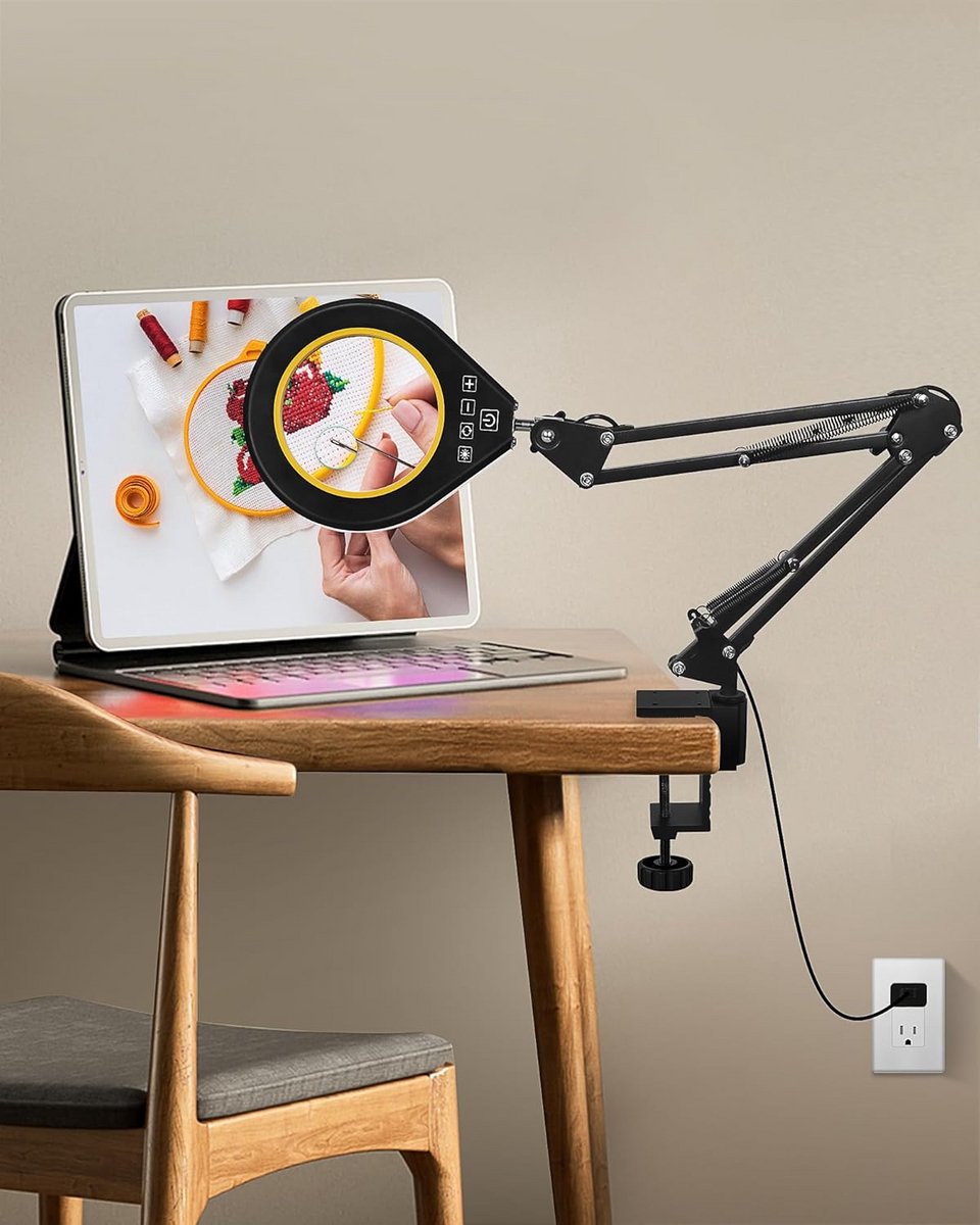 Vergrootglas met licht - Loep met klem - Fijn handwerk - Verstelbare zwenkarm - 10 cm lens - Geel