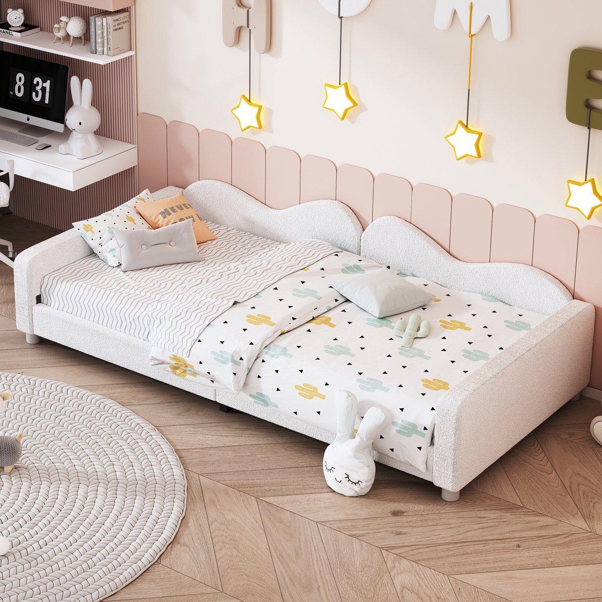 DESMIU Kinderbed 90x200 cm – Gestoffeerd Slaapsofabed Met Rugleuning – Lattenbodem – Voor Kinderkamer, Logeerkamer Of Woonkamer – Teddystof – Wit – Zonder matras