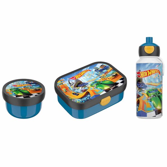 Trois articles de déjeuner Mepal sur le thème Hot Wheels : pot rond, boîte à lunch et gourde.