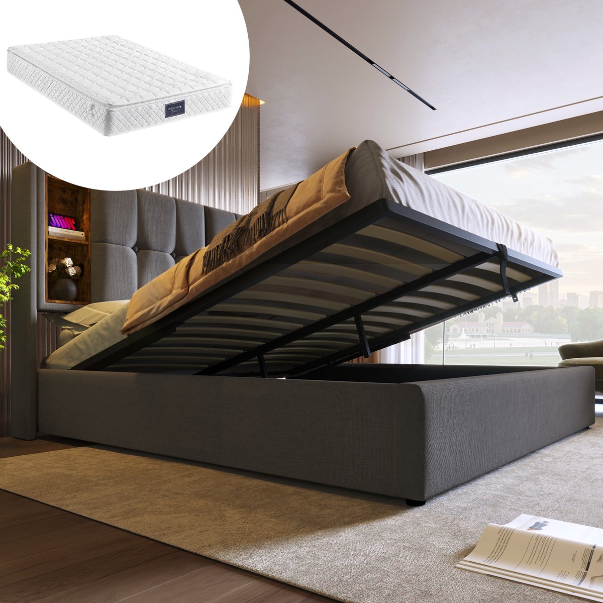 DESMIU Gestoffeerd Bed 140x200 cm – Draadloos Opladen En USB-C – Opklapbare Lattenbodem Met Opbergruimte – Voor Tweepersoons Slaapkamer – Katoen – Grijs – Met Matras