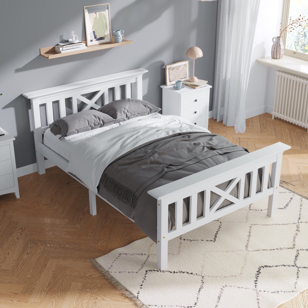 DESMIU Houten Bed 90x200 cm – Eenpersoonsbed Met X-Hoofdbord – Lattenbodem En Ruimte Voor Lades – Jeugdkamer – Massief Hout – Wit – Zonder Matras