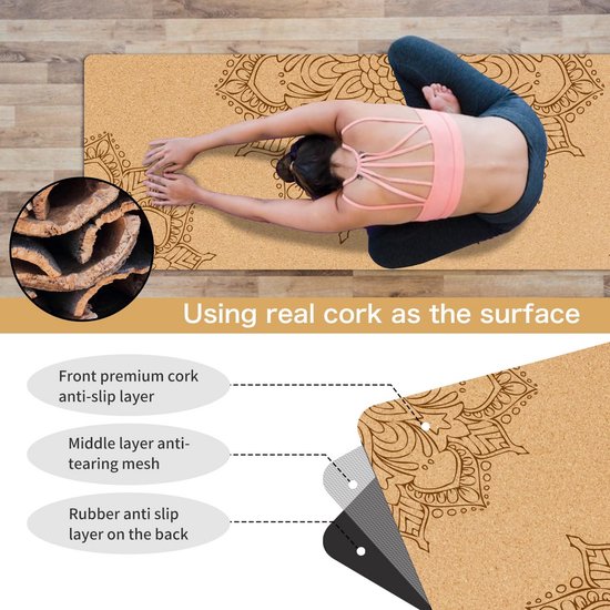 Yogamat Kurk - Oefenmat Pilates - Grip en Demping - Natuurlijk en Antislip - 183 x 61 cm - Mandala Design van Yogamat — afbeelding 4