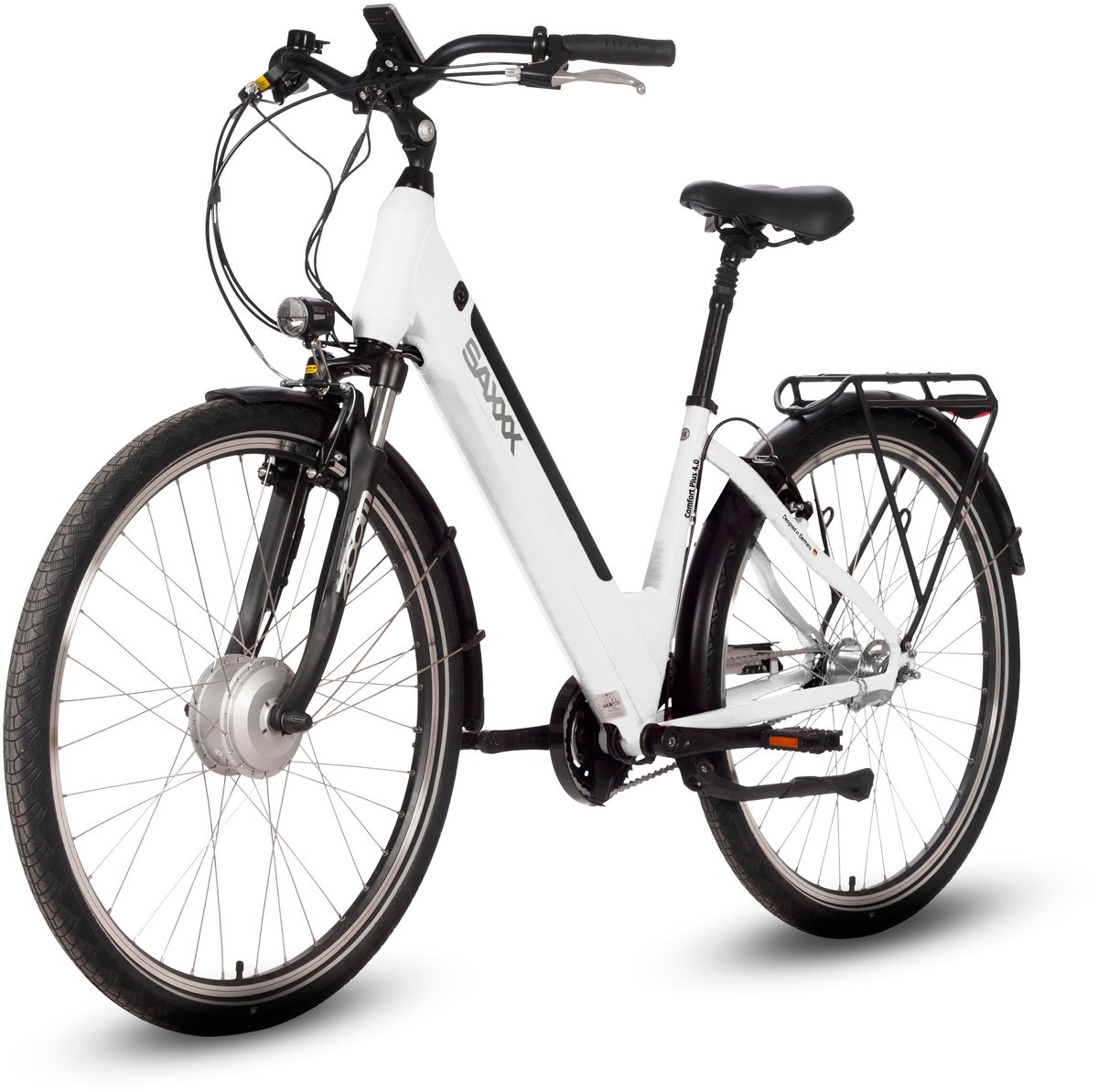 saxxx Comfort Plus 4.0 - 26 inch elektrische stadsfiets - actieradius tot 90 km - 95% voorgemonteerd - voorwielmotor - 36V 418Wh accu - Shimano 7-speed naafversnelling - LCD-display - Wit glanzend