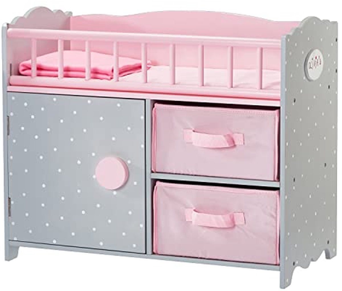 Poppenbedje met Kast - Poppen commode - Poppen verzorgen - 3-in-1 functie - 54 cm lengte - Roze Grijs Stippen