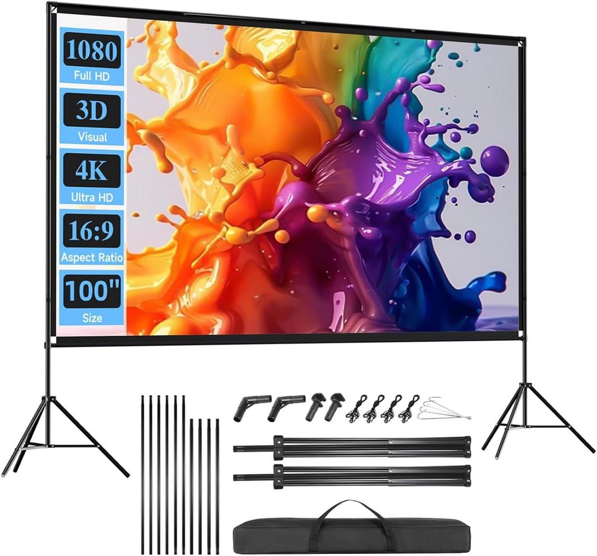 Projectiescherm met standaard - Vouwbaar scherm - Film avond - Kreukvrij ontwerp - 100 inch - Wit