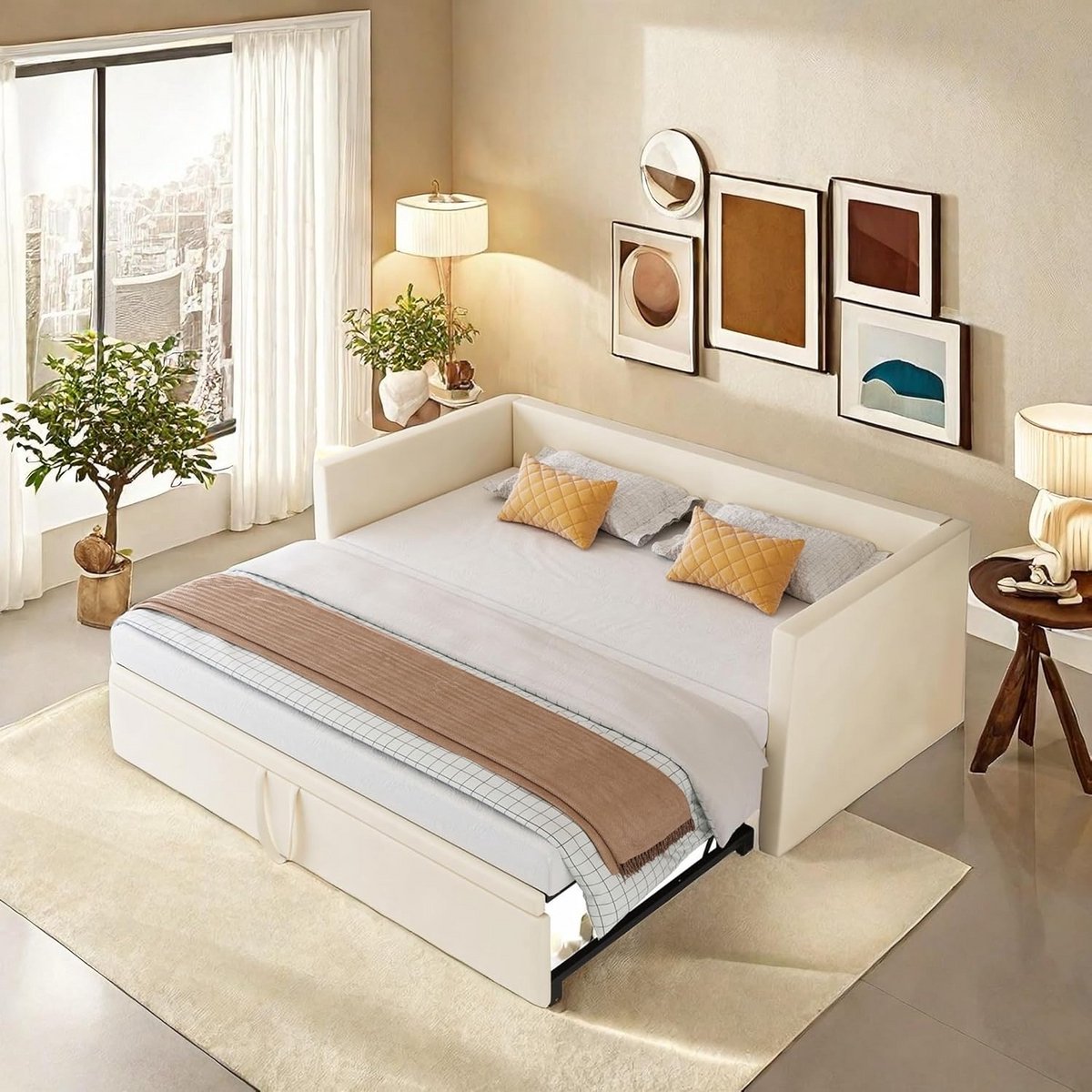 Slaapbank - Zetel Bed - Gastvrij Ontvangen - Hydraulische Uitschuiffunctie - 90/180x200cm - Beige