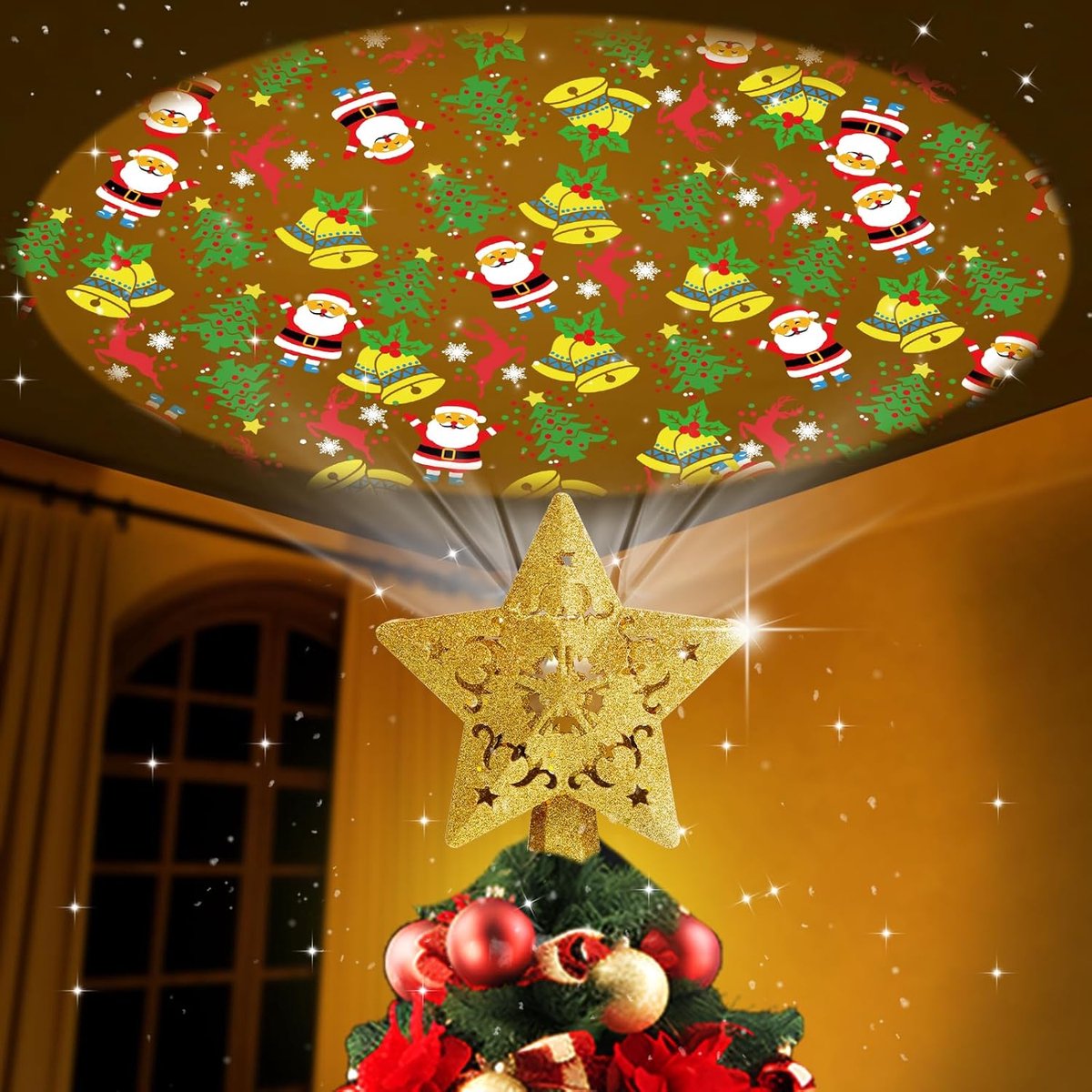 Kerstboom Ster - Boomtopper Projector - Kerstdecoratie - Roterende LED-projector - 23cm - Goud