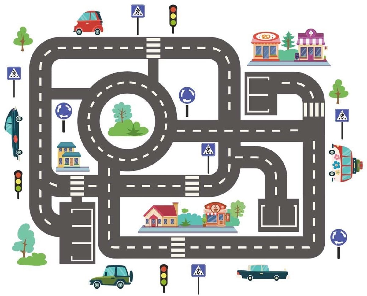 Dailygoods- Straatstickers 42 Zelfklevende Onderdelen - Wegen/Borden/Voertuigen - Creatieve Decoratie - Speelwereld - 2 Vellen 90 x 30 cm - Voor Kinderen - Speelsticker