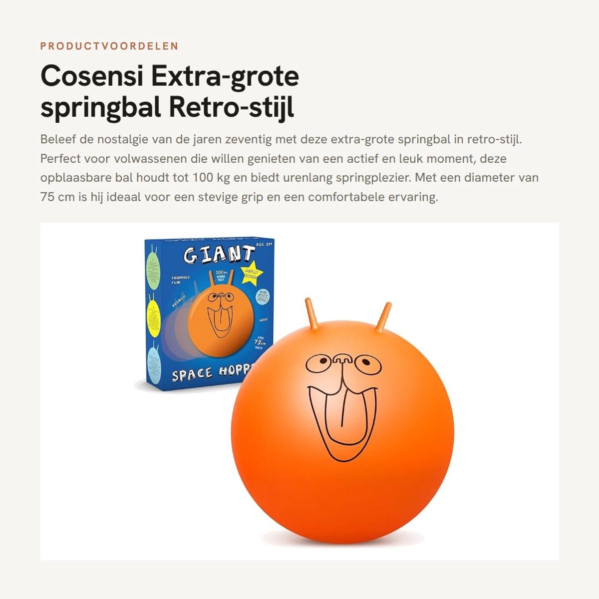 Dailygoods- Springbal extra groot 75 cm - Opblaasbaar - Buitenspeelgoed - Voor volwassenen - Houdt tot 100 kg - Retro-stijl met handvatten - Space Hopper