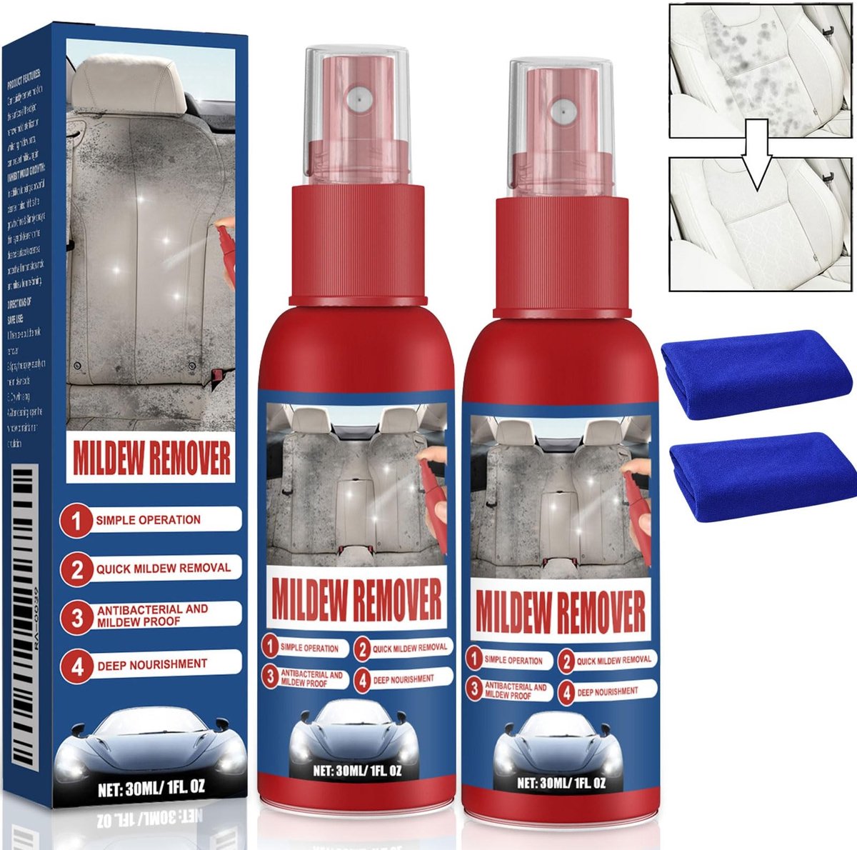 Dailygoods- Autoschuimreiniger 30 ml - Interieurreiniger - Schimmelverwijderaar - Multifunctionele Reiniger - Autobekleding - Reinigingsdoekjes inbegrepen