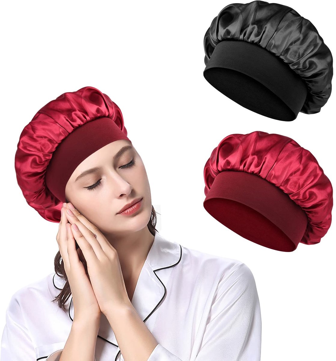 Dailygoods- Slaapmuts Satijn - 2-Pack Dubbellaags - Verstelbare Elastische Band - Grote Nachthoofdbedekking - Zachte Comfortabele Muts - Antislip - Nachtkapje
