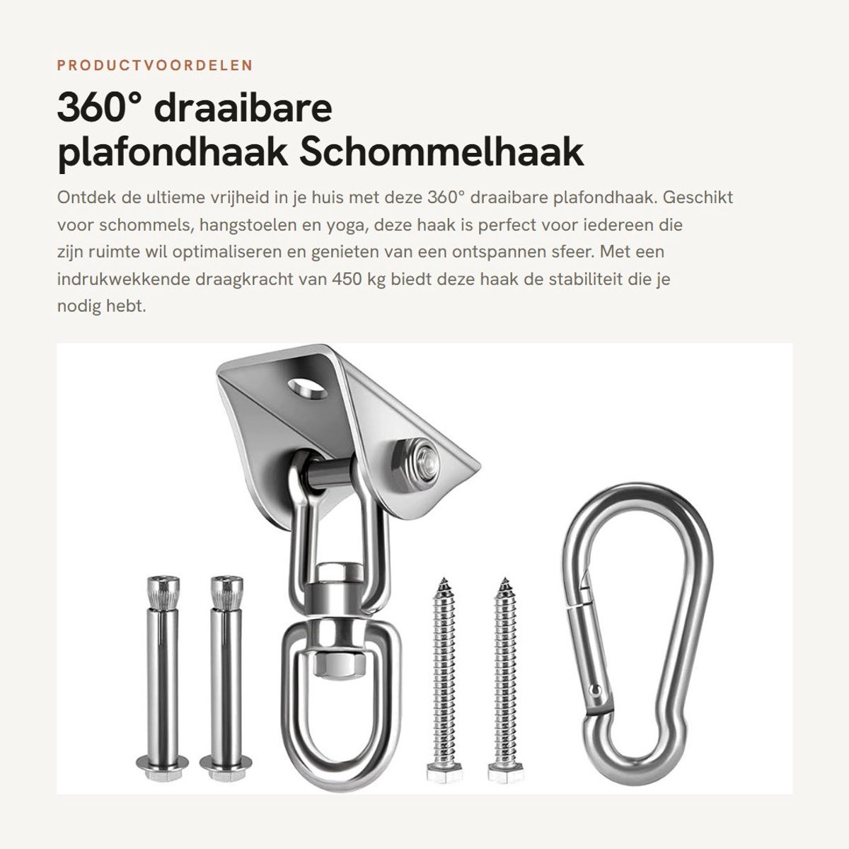 Dailygoods- Plafondhaak 360° draaibaar - Roestvrij Staal - Capaciteit 450 kg - Inclusief M8 Karabijnhaak - Voor Beton/Hout - Eenvoudig te Installeren - Hanghaak