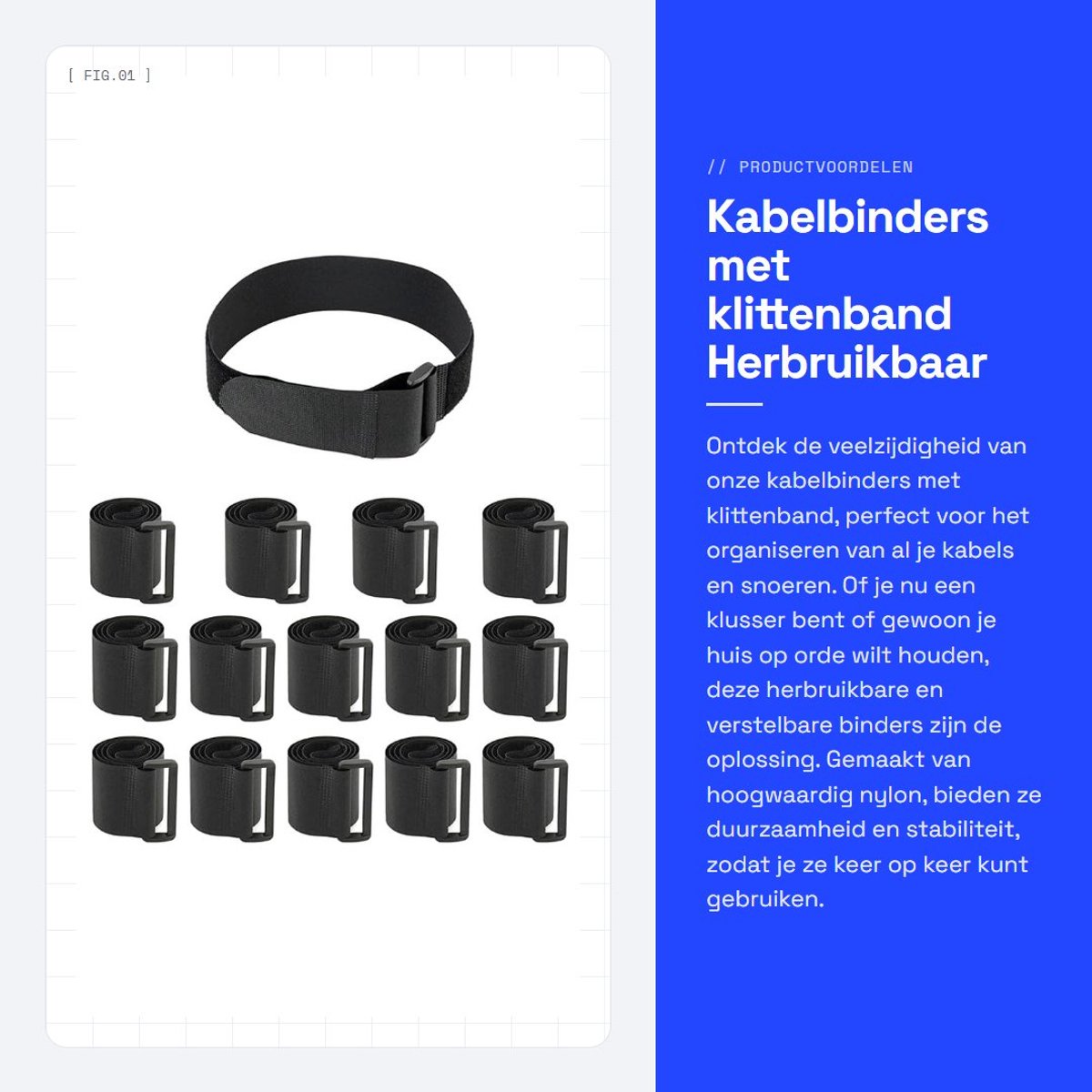 Dailygoods - Kabelbinders met klittenband - Herbruikbaar en verstelbaar - 600mm x 50mm - Hoogwaardige nylon kwaliteit - Ideaal voor het ordenen van ka...