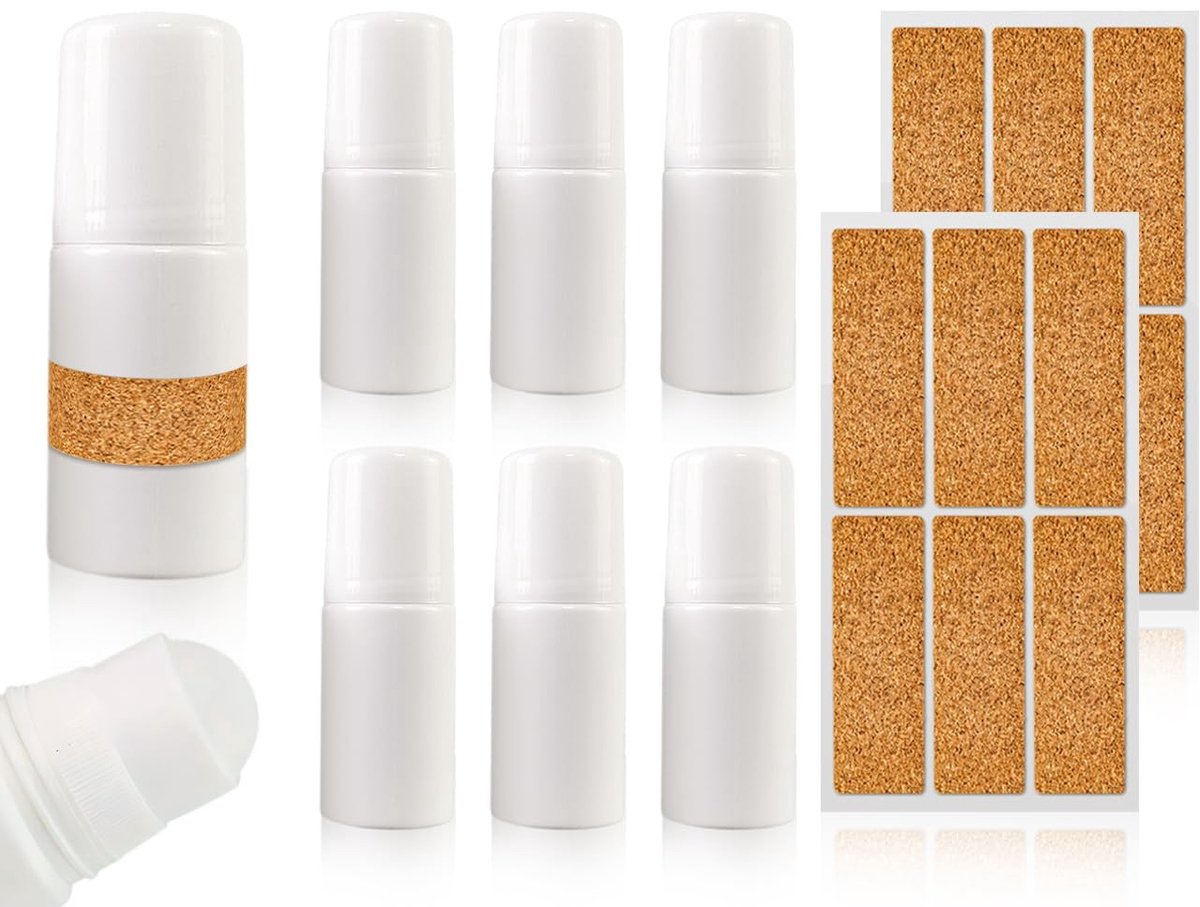 Dailygoods- Roll-on Flessen 6 Stuks - Lege Kunststof Flessen - Aromatherapie Container - Roterende Bal - 50 ml - Inclusief Stickers - Geuroliën