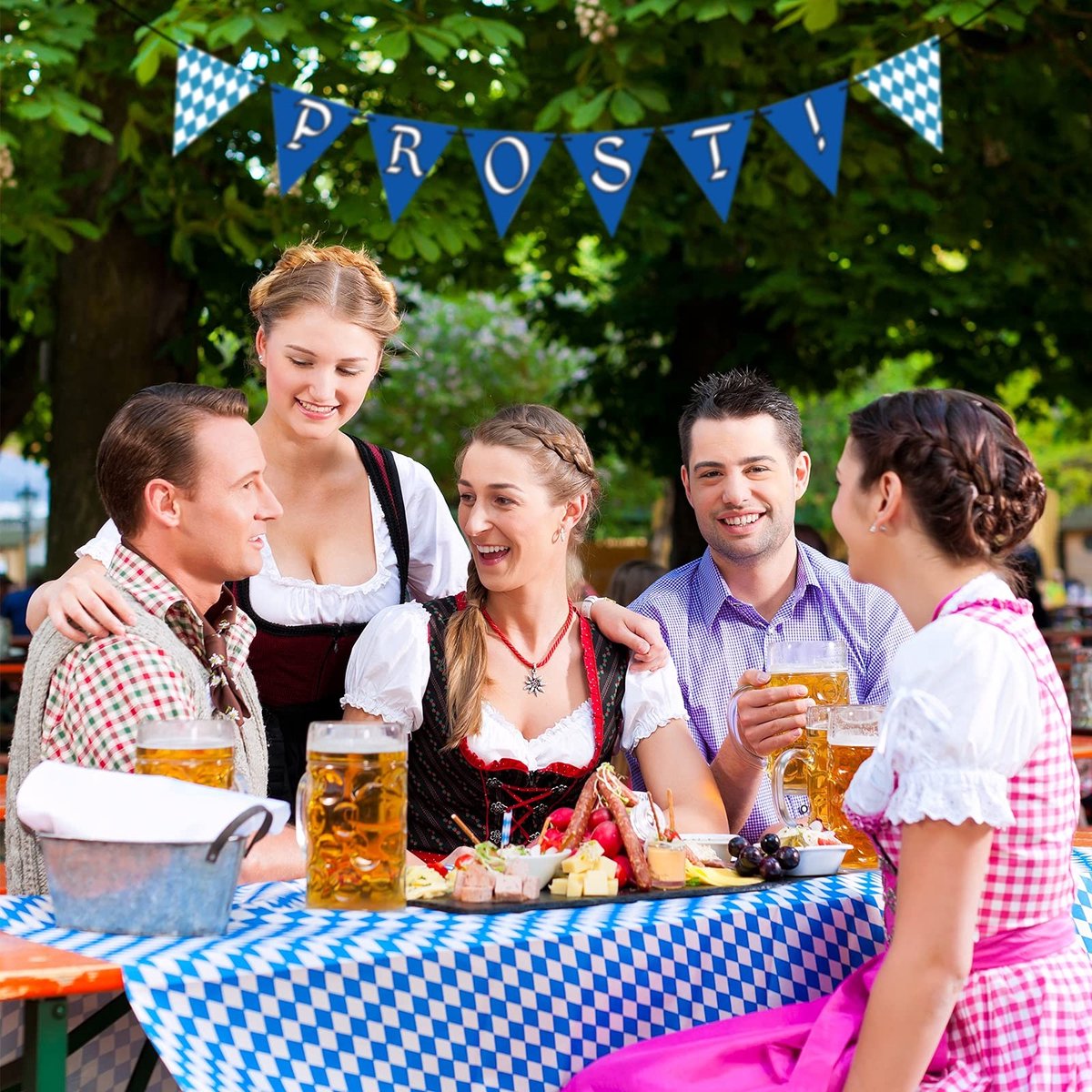 Dailygoods- Tafelkleed Groot Formaat - Oktoberfest Thema - 3-delig - Afwasbaar - Blauw Geruit - Decoratie voor Binnen/Buiten - Feestkleed