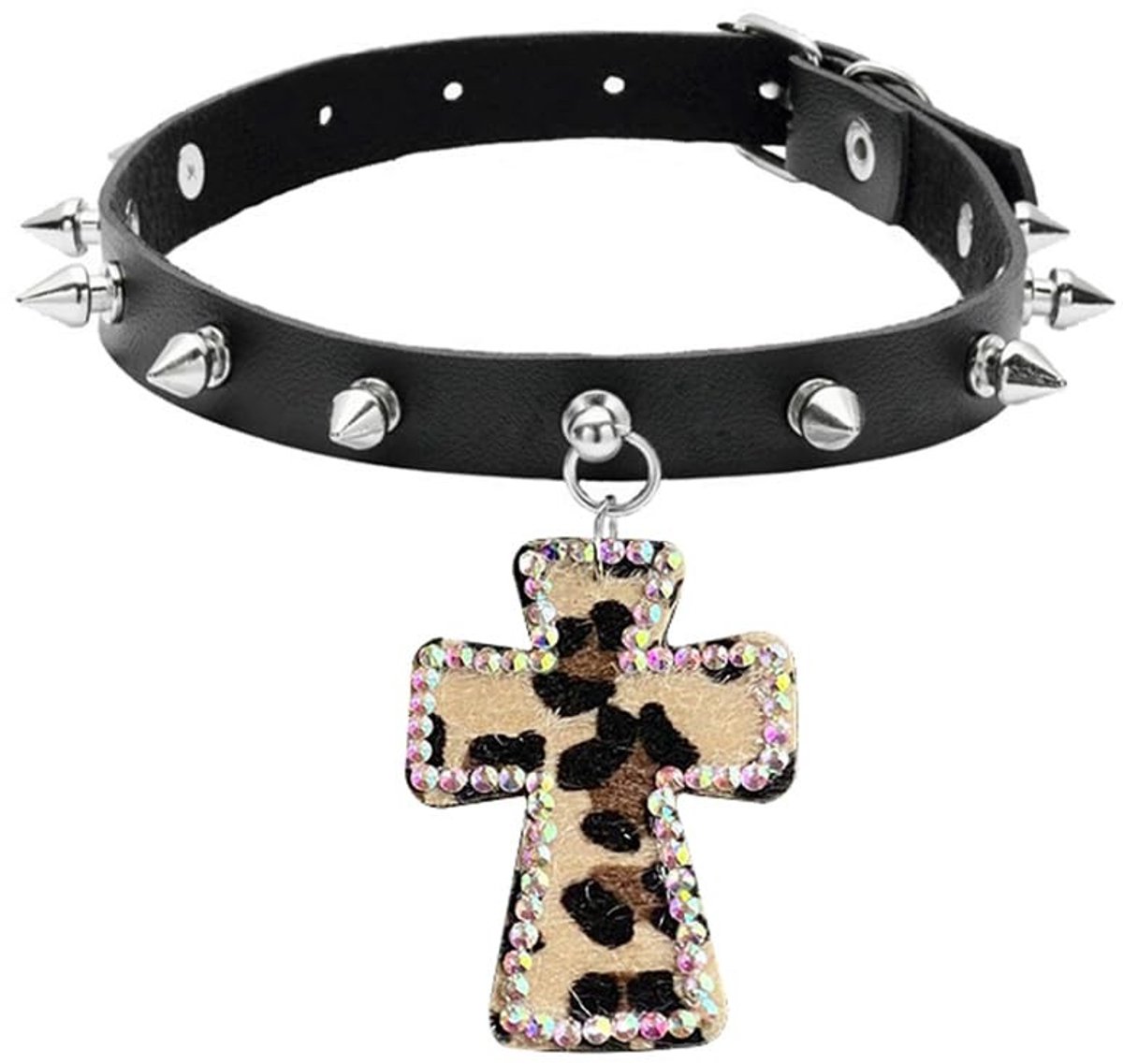 Dailygoods- Choker Ketting - Zwarte PU Lederen Kraag - Verstelbaar - Luipaardprint Kruishanger - Spikes/Studs - Hypoallergeen Materiaal