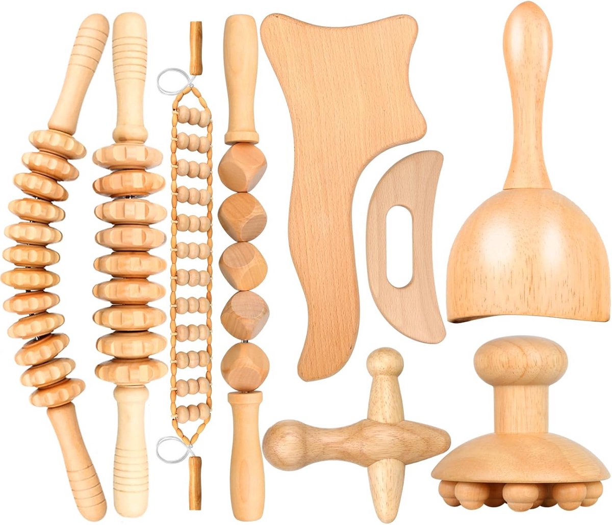 Houten Massagest set - Lichaamstools - Ontspanning en welzijn - 9-delig veelzijdig ontwerp - 43 x 13 x 13 cm