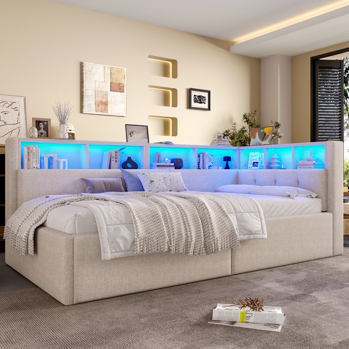 DESMIU Dagbed 90 x 200 cm – Dagbed Met Opbergruimte En Usb- En Type-c-aansluitingen – Hydraulisch Opbergsysteem – Voor Slaapkamer – Linnen – Beige – Zonder Matras