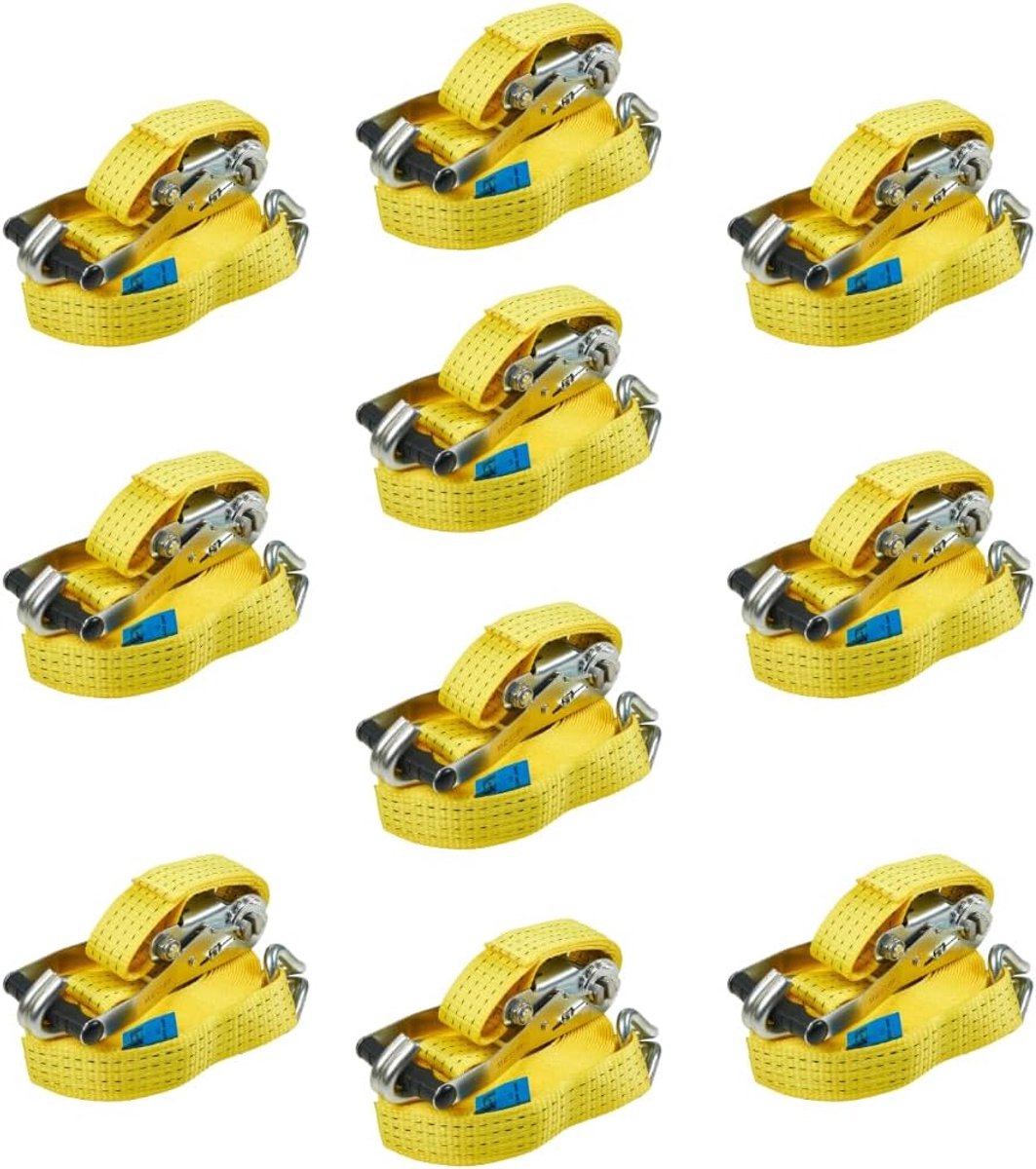 Spanbanden Set - Ratelbanden Sjorbanden - Vastzetten Vracht - 4 Ton Draagkracht - 10 Meter Lengte - Geel