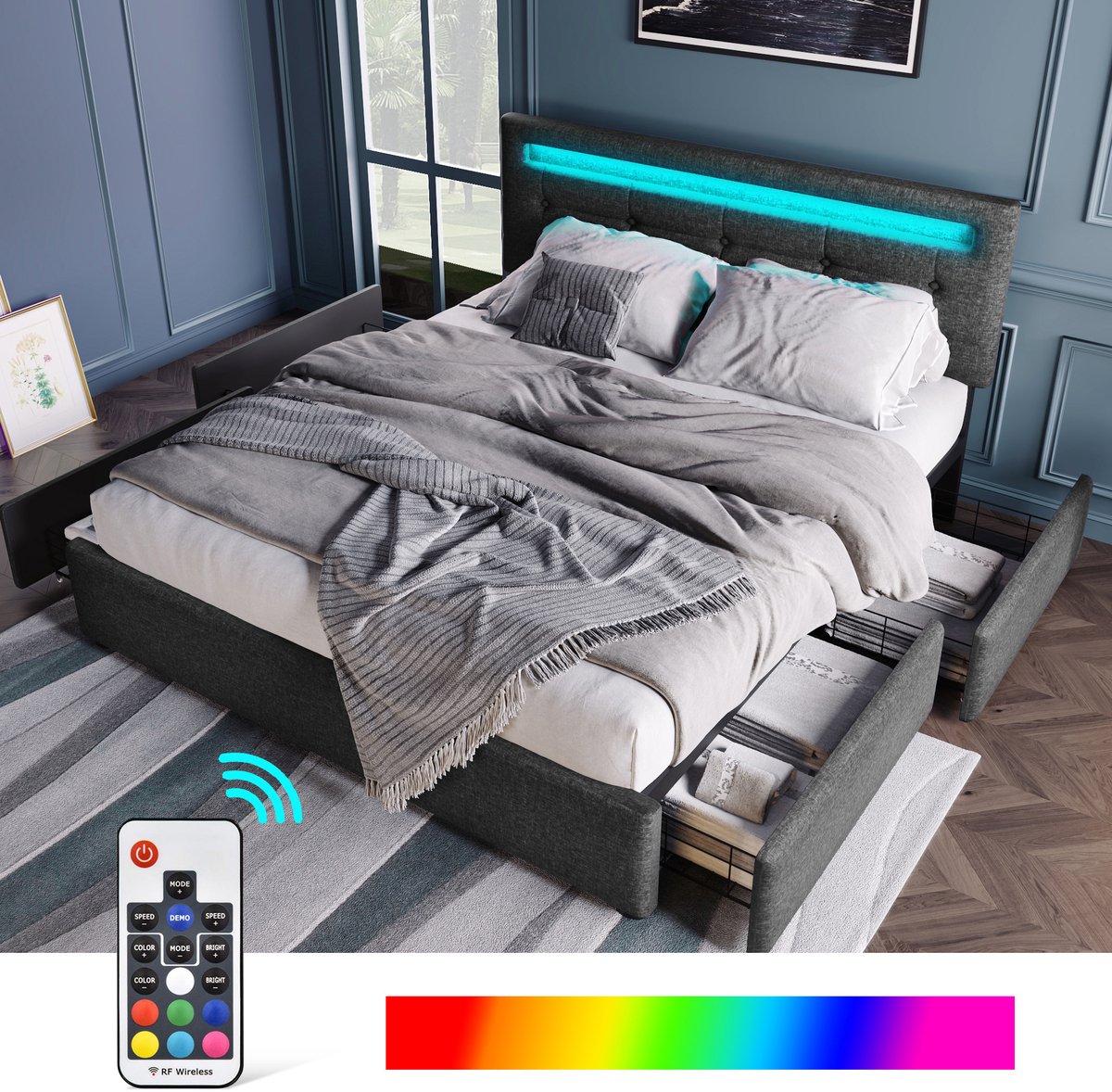 DESMIU Gestoffeerd Bed 140x200cm - Hoofdbord Met Ledverlichting En Verstelbare Hoogte - 4 Opberglades - Voor Slaapkamer - Linnen - Grijs - Zonder Matras