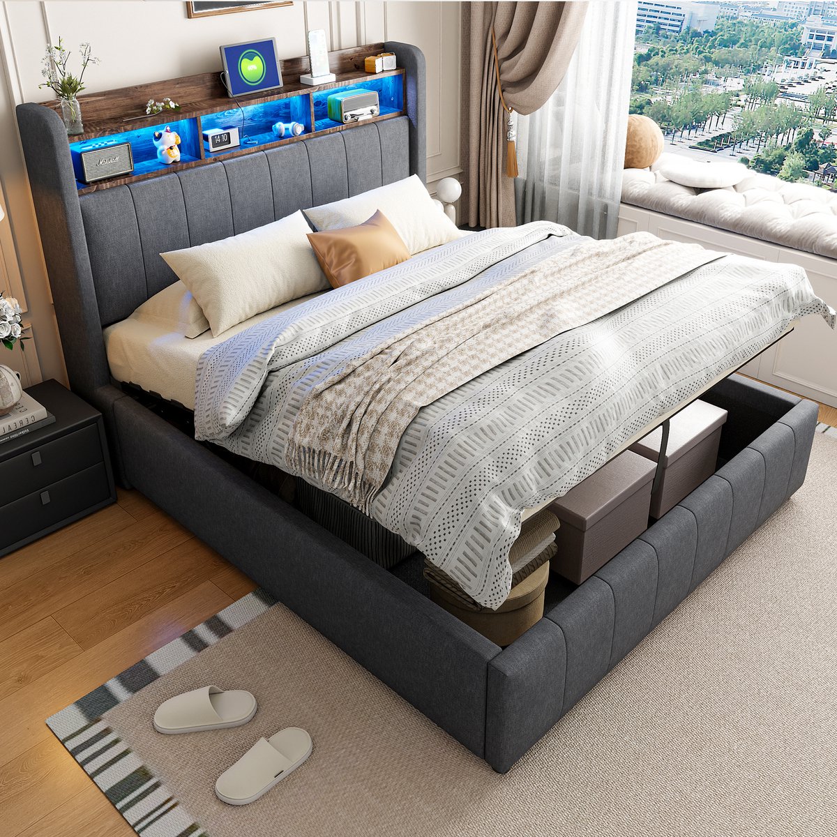 DESMIU Gestoffeerd Bed 140x200 cm Zonder Matras Led Hoofdbord Met Opbergruimte Hydraulisch Systeem Usb En Type C Voor Volwassen Slaapkamer Grijs