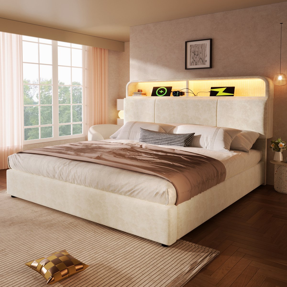 DESMIU Gestoffeerd Bed 140x200cm – Hydraulisch Bed Met Verstelbaar Opberg Hoofdbord – Led Verlichting En Oplaadpunt – Zonder Matras – Beige
