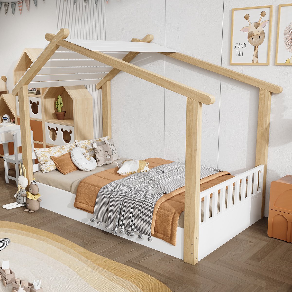 DESMIU Kinderbed 90x190cm - Sfeervol Huisvormig Bed - Stevig Lattenbodemframe - Voor Kinderkamer En Logeerkamer - Grenenhout Met MDF - Wit Naturel - Zonder Matras Natuurlijk