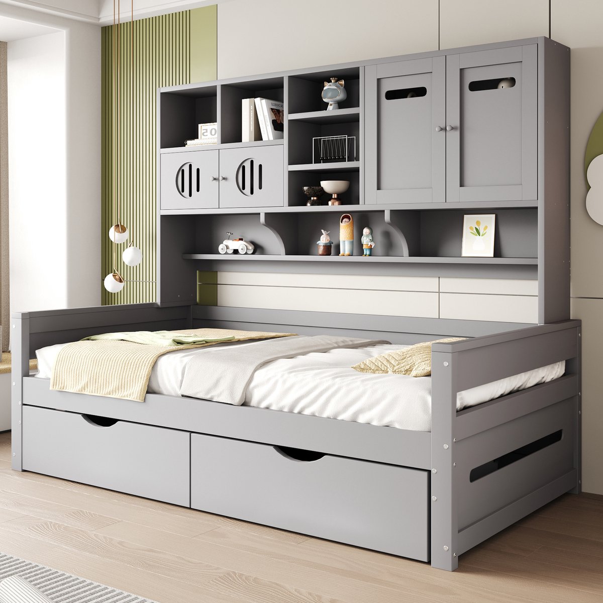 DESMIU Multifunctioneel Bed 90x200cm – Slaapbank met Opbergvakken en 2 Lades – Voor Jeugd En Kleine Kamers – Hout – Grijs – Zonder Matras