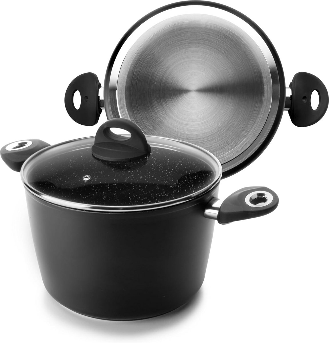 Kookpan met deksel Hoge pan Lekker koken Steenmotief coating 20 cm Zwart