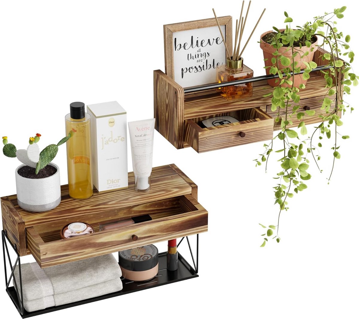 Zwevende plank - Wandmand met lade - Ruimte organiseren - Ingebouwde handdoekhouder - Set