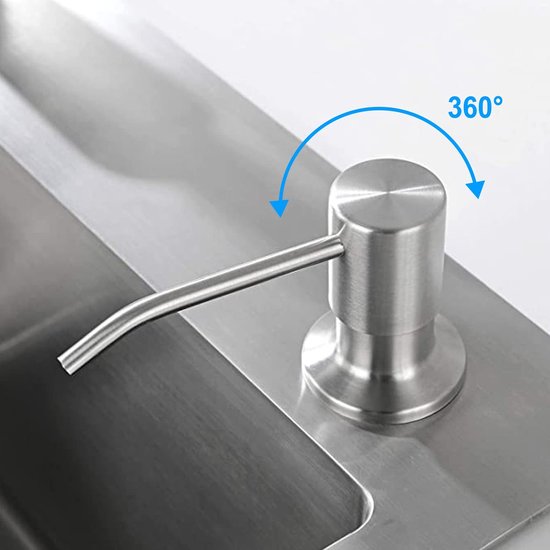 Roestvrijstalen zeepdispenser met een gebogen tuit, die 360 graden kan draaien.