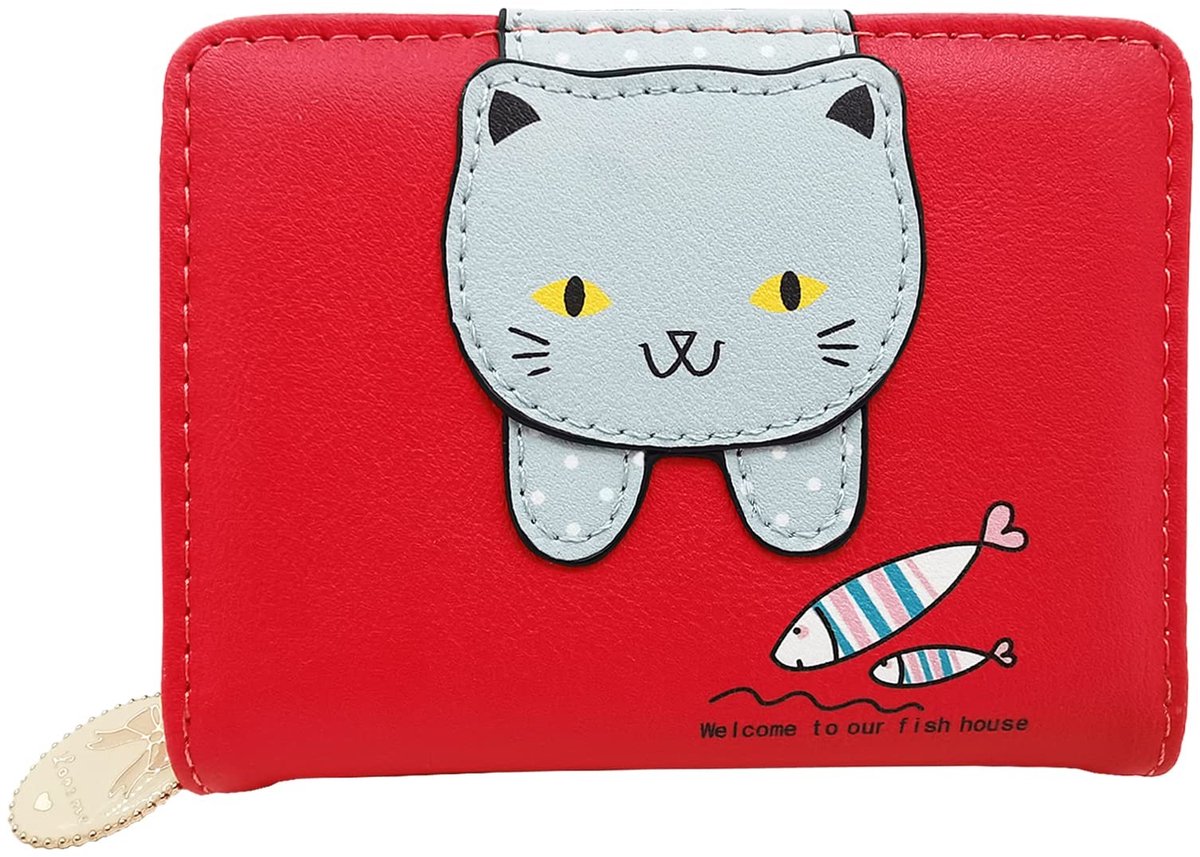 Dailygoods- Portemonnee Heren/Dames - Schattige Kat - Mini Leren Portemonnee - Vlinderritssluiting - Duurzaam PU-Leer - Compact Formaat - Miniportemonnee