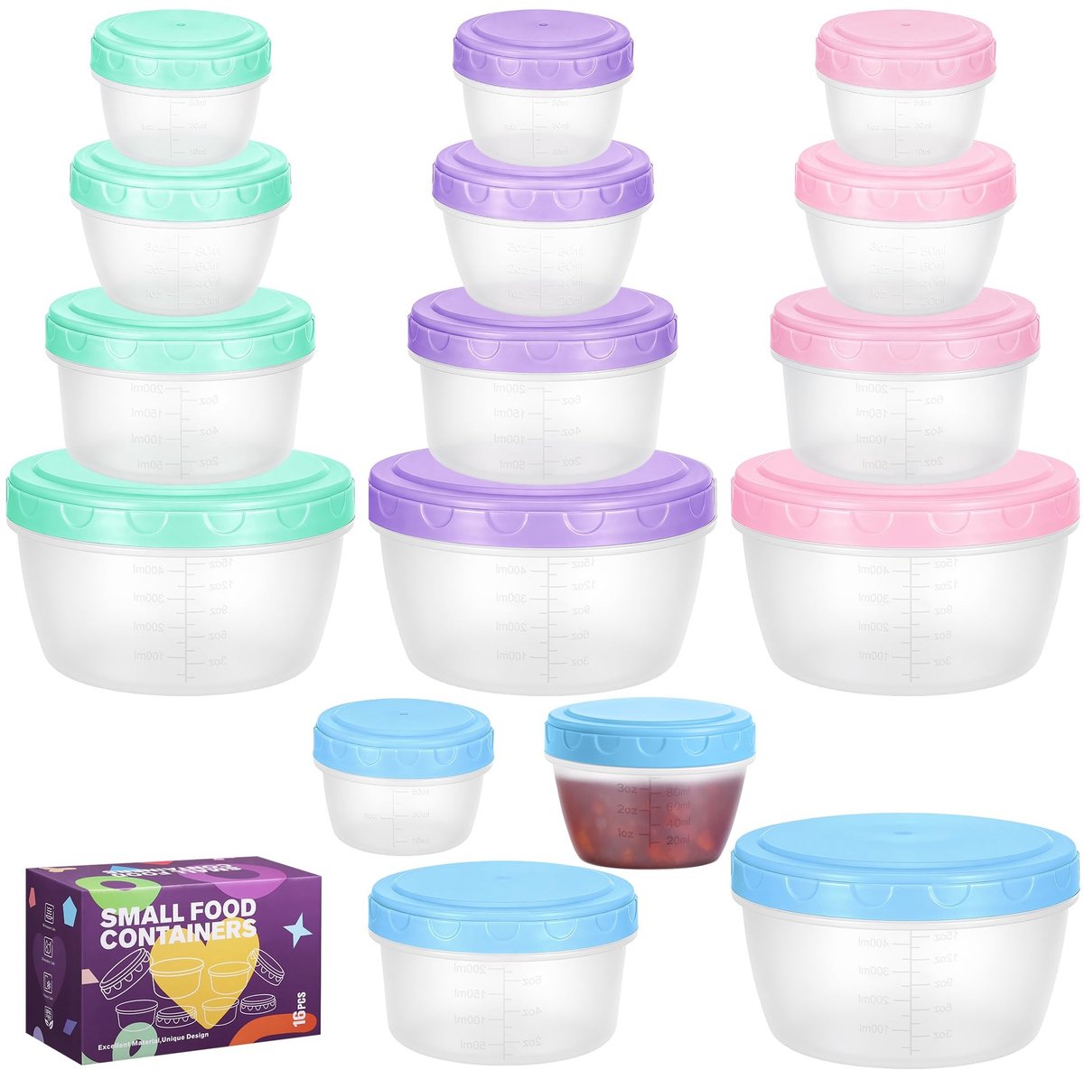 Dailygoods- Voedseldozen 16 stuks - Herbruikbare kunststof - Luchtdicht - Geschikt voor magnetron - Inhoud 80/120/300/600 ml - Diverse kleuren - Opbergdozen