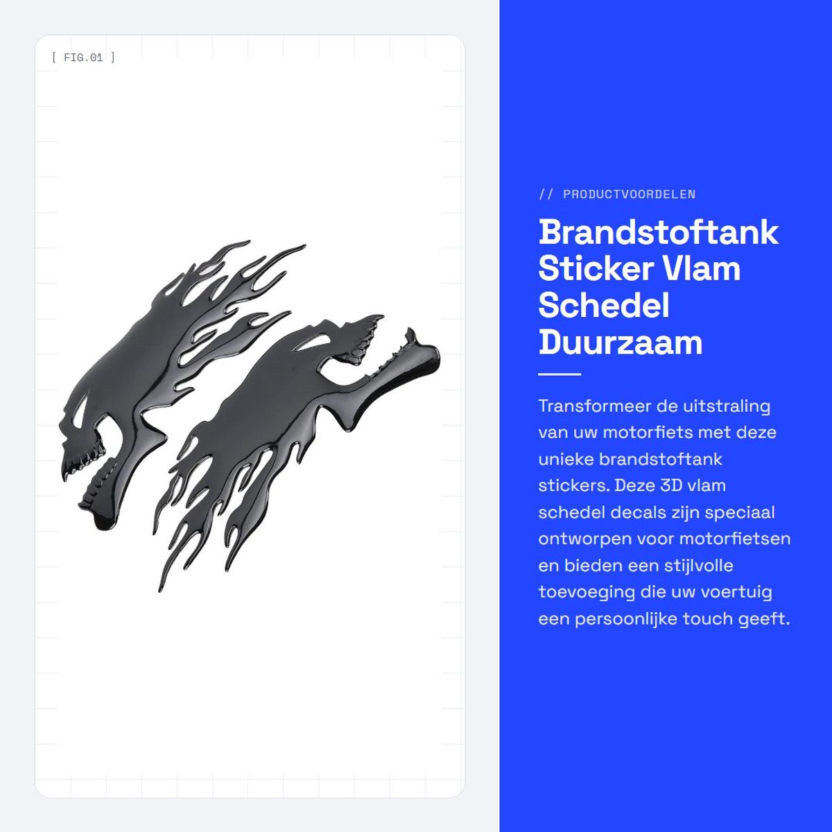 Dailygoods- Brandstoftank Pad 3D - 2 Stuks - Vlam/Schedel Decal - Universale Motorfiets Decoratie - Duurzaam - Eenvoudig te Installeren - Tanksticker