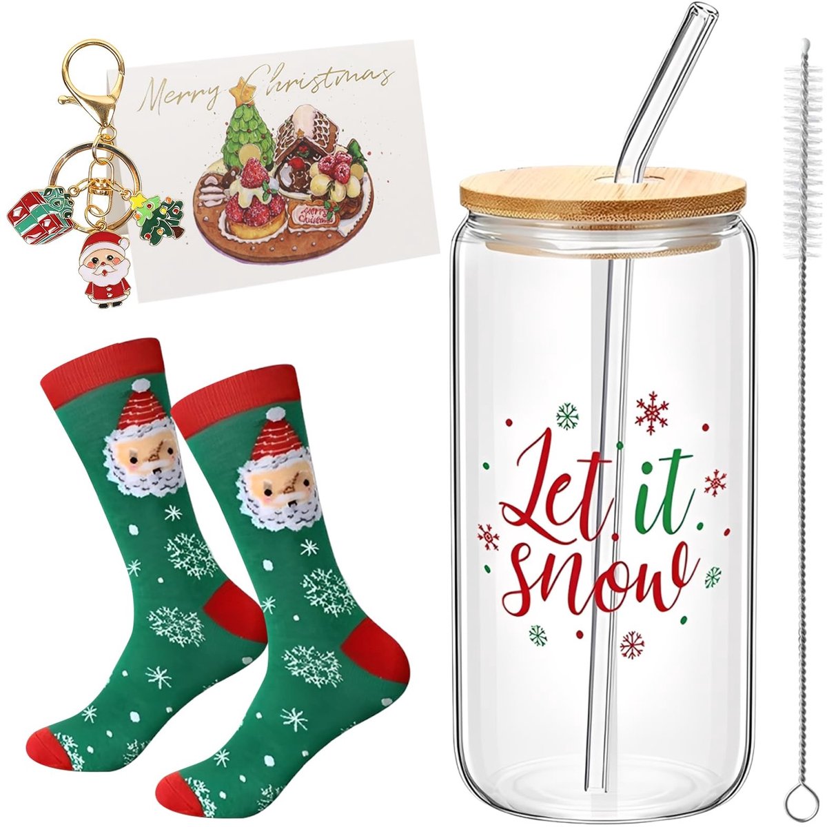 Dailygoods- Kerstglazen 500 ml - 6 Stuks - Deksel/Rietje - Reinigingsborstel - Sleutelhanger/Wenskaart - Feestelijke Set - Kerstmokken