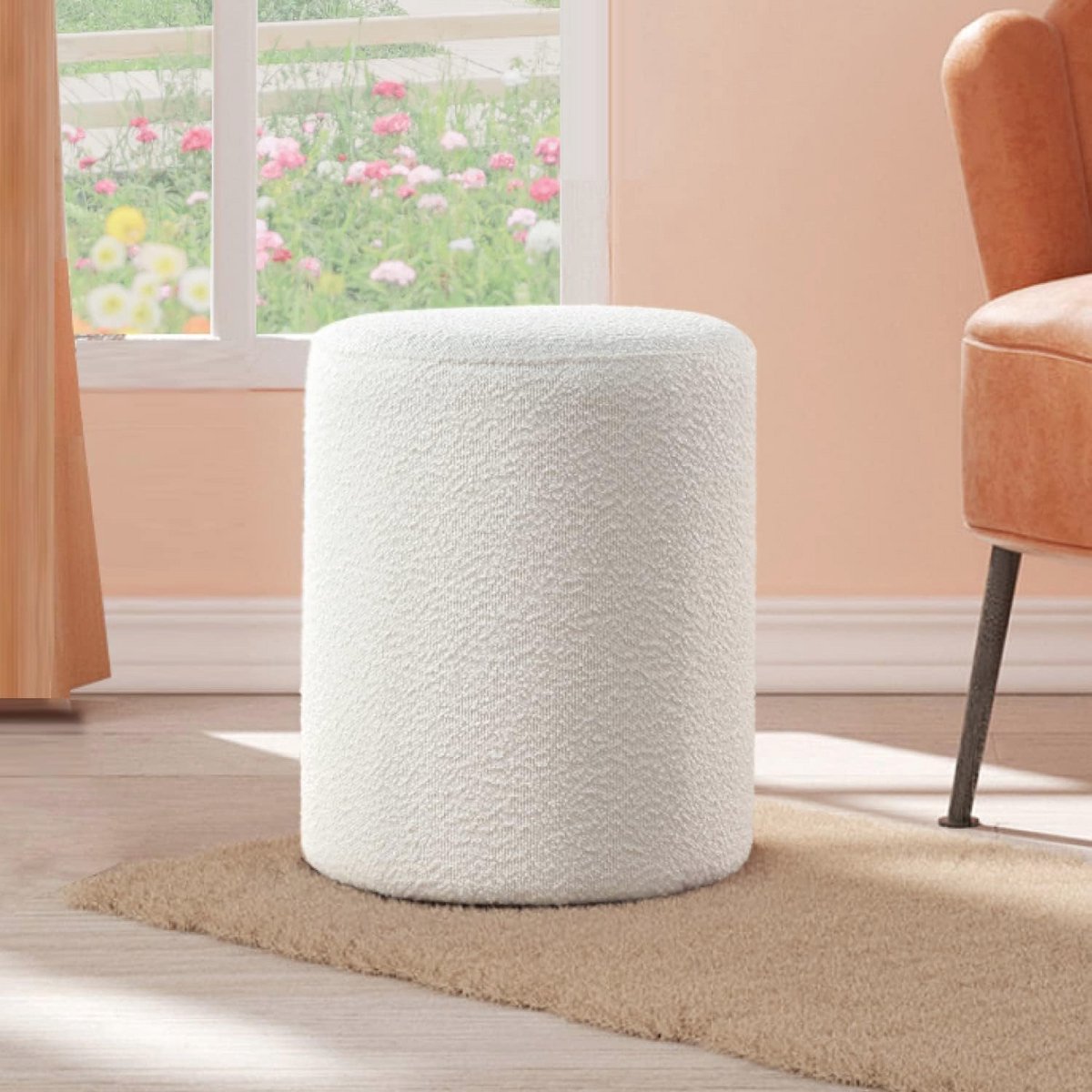Ronde Poef - Ottomaanse Kruk - Extra Zitplaats - Gewatteerde Zitting - 37 x 37 x 45 cm - Wit