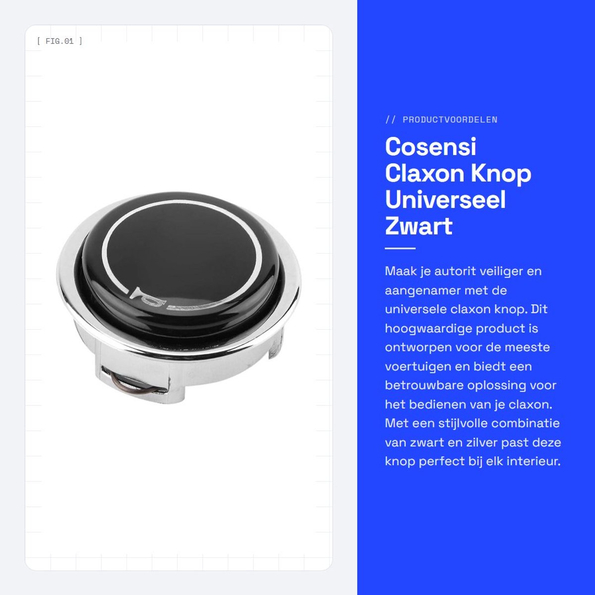 Dailygoods- Claxon Universeel - Knop voor Auto - Hoogwaardige Kunststof/Metaal - Eenvoudig te Installeren - Schokbestendig - Zwart/Zilver - Gewicht 43 g - Toets