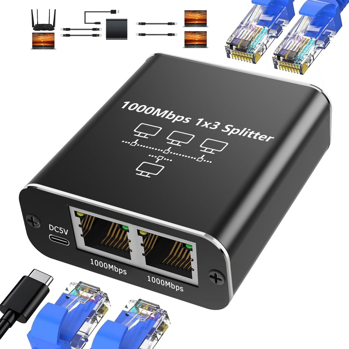 Netwerkverdeler 3 poorten - Ethernet splitter - Internet uitbreiden - 1000 Mbps snelheid - Compact formaat - Zilver