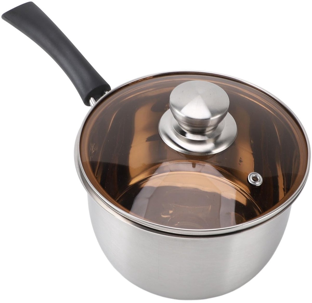 Dailygoods- Steelpan 14 cm - Roestvrij Staal - Kookpan met Deksel - Antiaanbaklaag - Warmtebestendige Handgreep - Glasdeksel met Ventilatiegaten