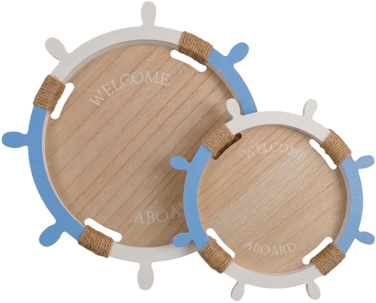 Dailygoods- Dienblad Hout - Set van 2 Ronde Dienbladen - Stuurwiel Design - Welcome Aboard - Natuurlijke Koorddetails - 30x30/25x25 cm - Decoratiedienblad