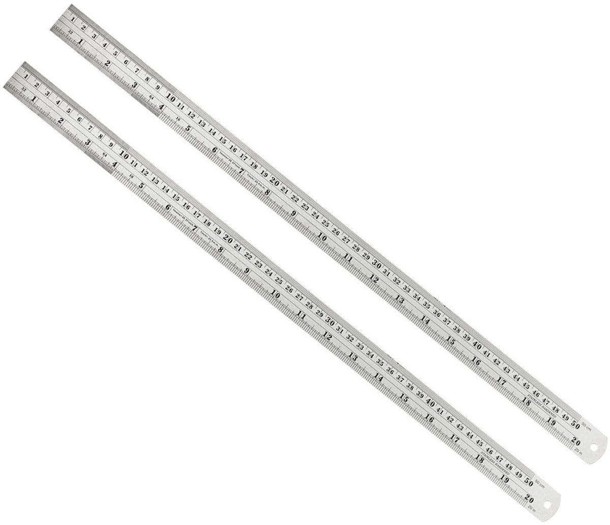 Dailygoods- Liniaal 500 mm - 2 Stuks - Roestvrij Staal - Rechte Rand - Ophanggat - Hoge Precisie - Plastic Beschermhoes - Meetlat
