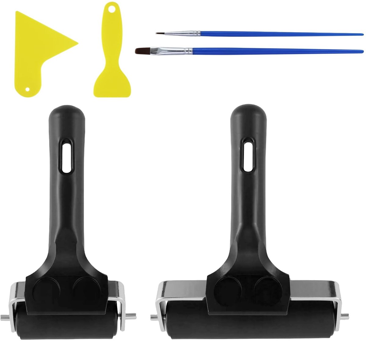 Dailygoods- Linoldrukroller - 2 Rubberen Rollen - Schilderroller - Schrapers/ Penselen - Ergonomische Handgreep - Duurzaam Kunststof - Schildergereedschap