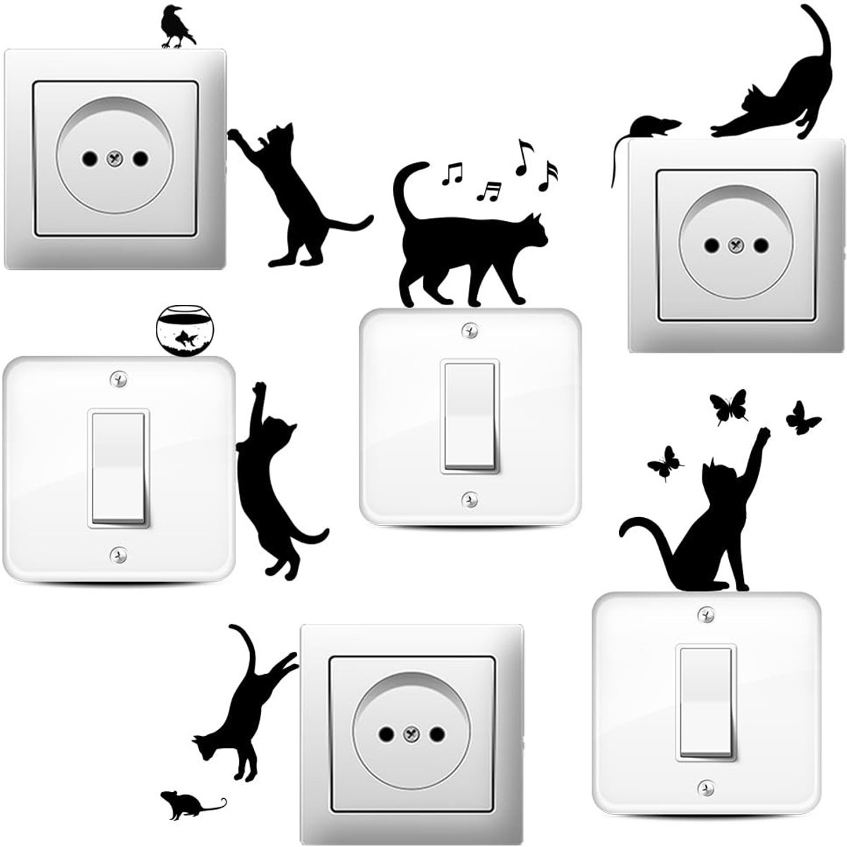 Dailygoods- Lichtschakelaar Stickers 6 Stuks - Kat Silhouet - Creatieve Muurstickers - Decoratieve Stickers - Schattige Kat - Voor Stopcontacten - Muursticker