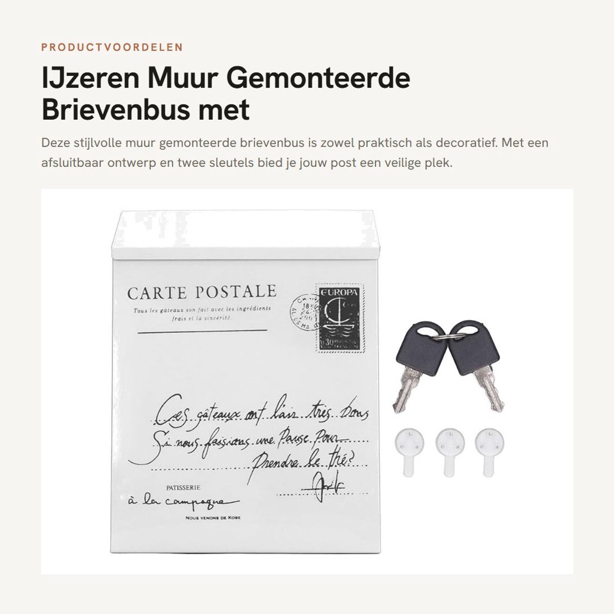 Dailygoods- Brievenbus Weerbestendig - Wandmontage - Smeedijzeren Design - Afsluitbaar met 2 Sleutels - 3 Haken - Vintage Stijl - Postbus
