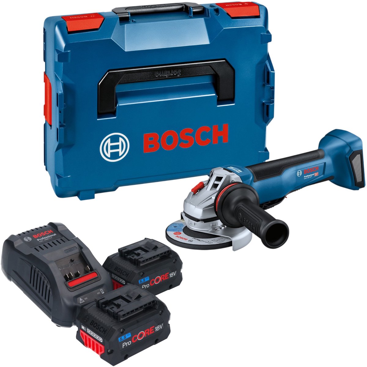 Bosch GWS 18V-10 P Professional accu-haakse slijper 18 V 125 mm borstelloos + 2x ProCORE-accu 5,5 Ah + oplader + L-Boxx