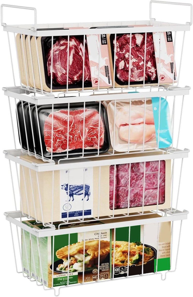 Dailygoods- Diepvriesbakken Stapelbaar - 4 Stuks - Zijhandgreep - Voedsel Organiseren - Gemakkelijke Toegang - Maximaliseer Vriesruimte - Vriesmand