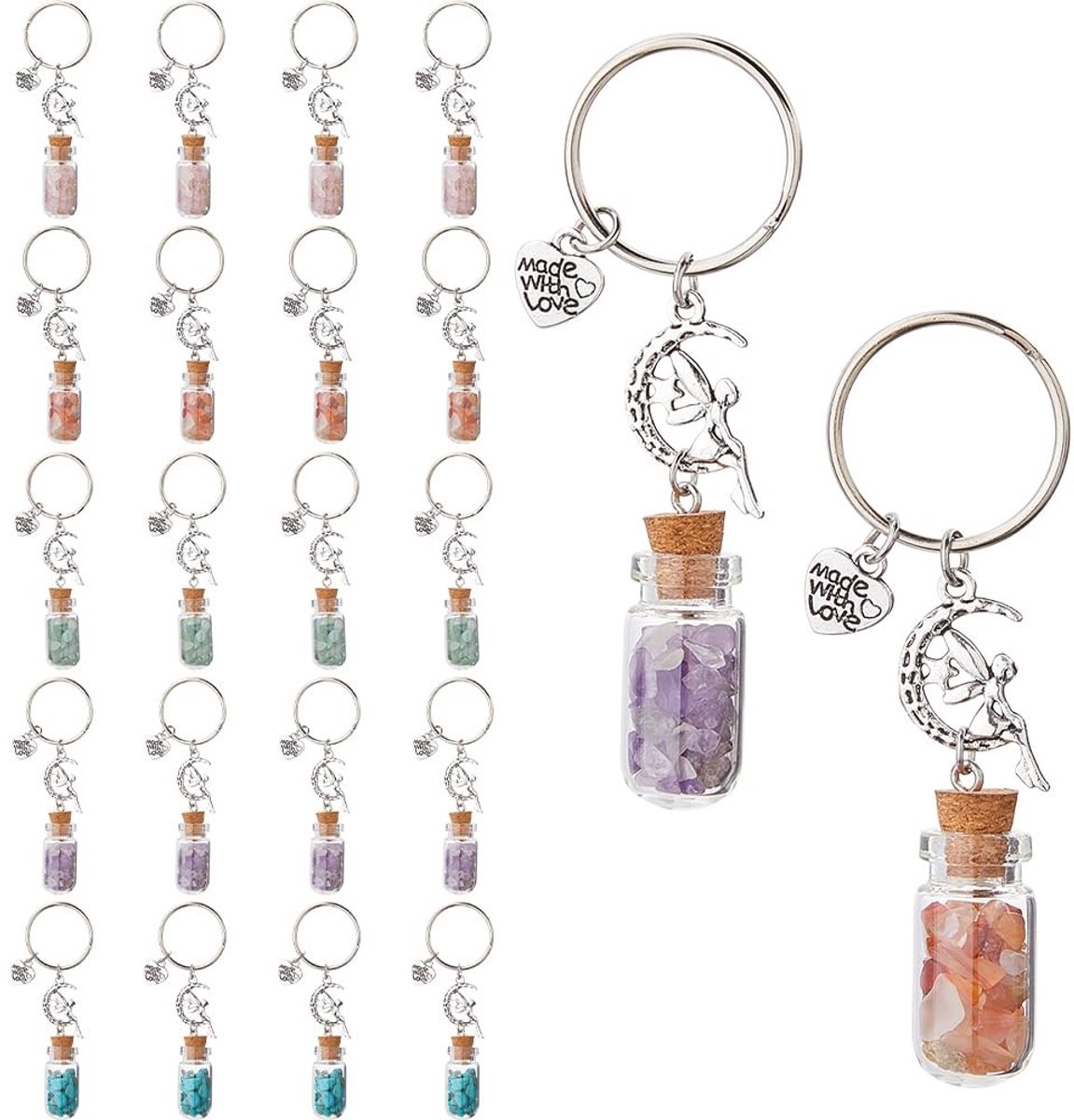 Dailygoods- Wensfles Sleutelhanger - 20 Stuks - Edelsteen Sleutelhanger - Fairy Charms - Dromerige Stijl - "Made with Love" Hart Tag - Geluksflesje