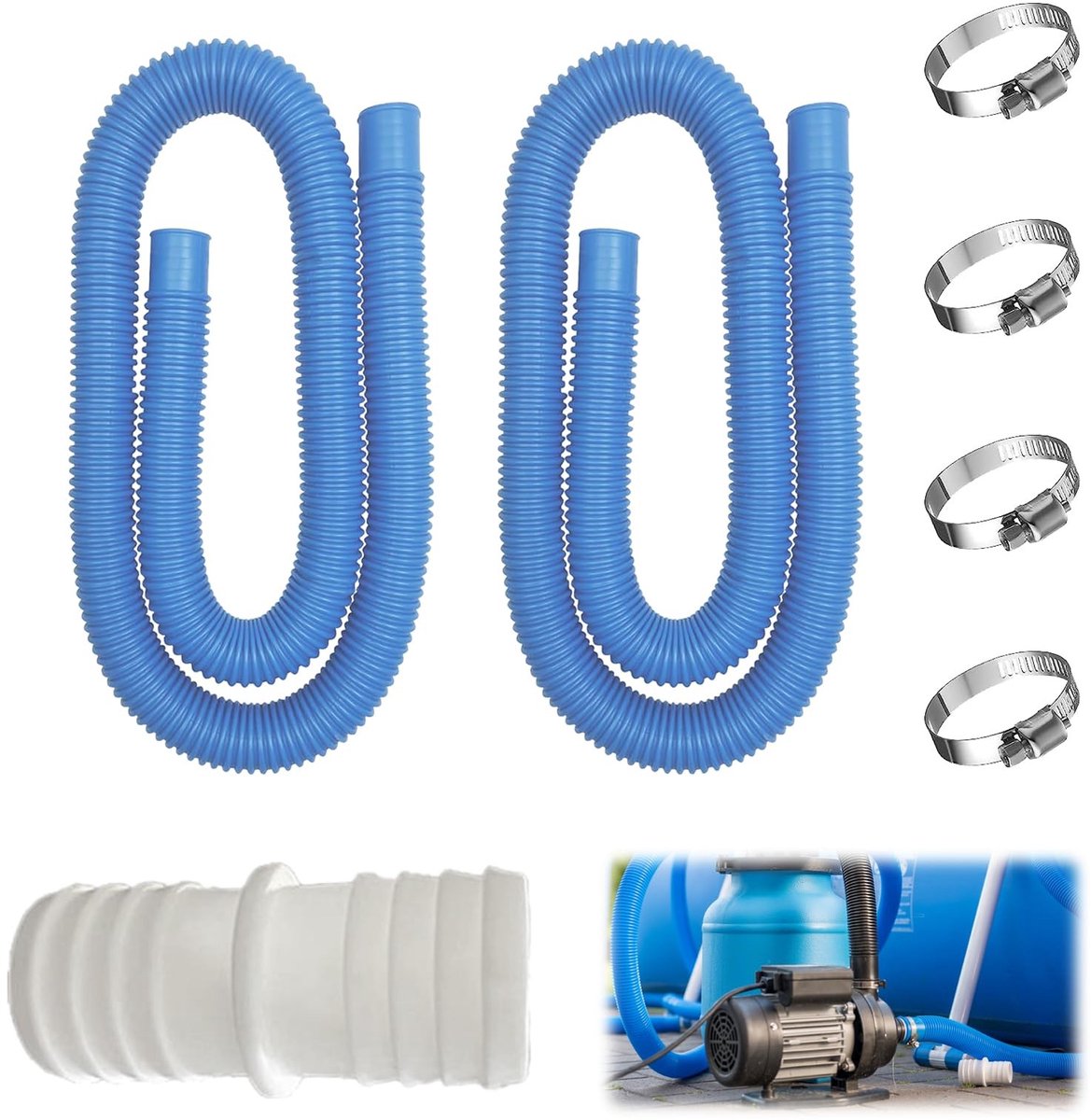 Dailygoods- Reserveslang 32 mm - Set van 2 - 150 cm lengte - Inclusief 4 veiligheidsclips - PVC materiaal - Voor zwembadpompen - Zwembadslang